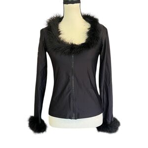 ❗️6HR SALE❗️Vintage Betsey Johnson New York Feather Trim Goth Cardigan ZipUp Top